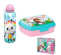 Gabby's - Set di portapranzo per bambini a forma di casa delle bambole e borraccia in alluminio, scatola per snack in plastica senza BPA e borraccia sportiva a prova di perdite da 500 ml, leggero