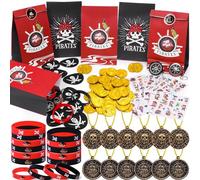 Gadget Compleanno Pirati Bambini 92 PCS Pirata Sacchetti Regalo Braccialetto Silicone Collana Pirata Bende per Gli Occhi in Feltro Baffi Tatuaggi Temporanei Pirati Regalini Fine Festa Compleanno
