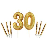 Gadget Giant, candela glitterata scintillante per torta di compleanno con numero 30 e 6 candeline metallizzate, oro