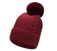 Gadgets Mafia Berretto da donna caldo lavorato a maglia grossa con pompon, fodera in pile termico in pelliccia sintetica, Bordeaux, Taglia unica