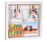 Gadgy Cornice Profonda Bianca con Mollette e Vetro, Cornice 3D Shadow Box Profonda, Portafoto Filo per Foto, Ricordi, Biglietti - Bacheca Teca da Parete o Tavolo - 25x25 cm