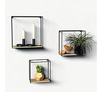 Gadgy Set di 3 Mensole da Parete in Stile Industriale - Mensole Cubo da Muro in Ferro Nero e Legno, Scaffali Decorativi per Salotto, Cucina o Ufficio - Facili da Montare