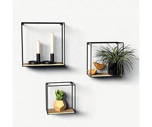 Gadgy Set di 3 Mensole da Parete in Stile Industriale - Mensole Cubo da Muro in Ferro Nero e Legno, Scaffali Decorativi per Salotto, Cucina o Ufficio - Facili da Montare