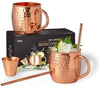 Gadgy Set Moscow Mule in Rame - 2 Tazze Cocktail Fatte a Mano con Cannucce & Misurino - Bicchieri in Rame 100% per Cocktail e Bevande Ghiacciate - Idea Regalo Elegante