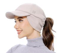GADIEMKENSD Women's Fleece Ponytail Hat Reflective Winter Hat with Ear Flaps Cold Hat with Adjustable Headband And Drop Down Ear Warmers Ball cap Beanie for Snowy Golf Skiing Hiking Running Khaki