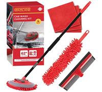 GADLANE Set di 4 Kit Pulizia Auto - Spazzola per Lavaggio Con Manico Pieghevole Lungo 62" e Rimovibile, Guanto, 3 Panni in Microfibra e Spolverino - 4 Pezzi
