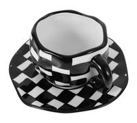 Gadpiparty Tazza da Caffè a Scacchi Nera in Ceramica con Piattino | Stile Vintage Dipinto a Mano, Resistente al Calore, per Latte e Vino, Regalo Elegante, Ufficio