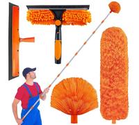 GAESHOW Kit Lavavetri Telescopico, Lunghezza Retrattile Fino a 4m, 2 in 1 Togli Ragnatele Allungabile, con Spazzola in Microfibra e Piumino per Spolverare, per Soffitti Finestre e Ragnatele (Arancia)