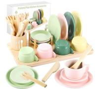 GAGAKU Accessori da cucina in legno, set di stoviglie da 25 pezzi con supporto integrato, set di piatti colorati per la cucina dei bambini, giocattolo di ruolo Montessori a partire dai 3 anni