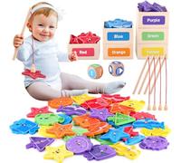 GAGAKU Gioco di pesca in legno a partire da 1 anno, pesca per bambini, 48 pezzi, calamita per bambini, 6 forme e colori assortiti, per bambini, regalo di compleanno per ragazzi e ragazze