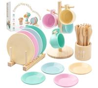 GAGAKU Set di stoviglie da cucina per bambini, 27 pezzi, servizio da tè per bambini, in legno, con supporto, giocattolo Montessori per bambini 3-5 anni, giocattolo educativo per giochi di ruolo