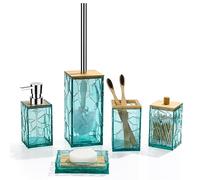 GAHEFY Set di accessori da bagno, porta spazzolino da denti, dispenser di sapone, portasapone, portasapone, scopino per WC con supporto, decorazione da bagno in bambù boho, acrilico (verde acqua)