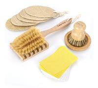 Gaia Guy Set di spazzole per piatti senza plastica, kit da 19 pezzi per la pulizia della cucina con spazzole in bambù e legno di faggio, spugne di cellulosa, luffe naturali e portasapone, set