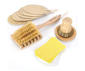 Gaia Guy Set di spazzole per piatti senza plastica, kit da 19 pezzi per la pulizia della cucina con spazzole in bambù e legno di faggio, spugne di cellulosa, luffe naturali e portasapone, set