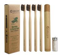 Gaia Guy Spazzolino da denti in bambù e crine di cavallo (confezione da 4) + custodia da viaggio e filo interdentale in seta, setole e filo interdentale, 100% compostabili, set dentale ecologico,