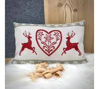 Gaidra Cuscino con Fiocchi di cirmolo - Jacquard in 100% Cotone - qualitá Artigianale dall' Alto Adige - Stile Tirolese - Cervi e Cuore