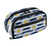 GAIREG Astuccio in PVC con margherite a righe gialle blu navy | Astuccio per le giornate scolastiche, con chiusura a cerniera bidirezionale, esterno lavabile, poliestere e PVC