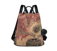 GAIREG Axolotl - Zaino da donna alla moda, con tasca posteriore con cerniera, Vecchio grammofono con piume di pavone