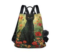 GAIREG Carnaval Celebration Zaino da donna retrò Zaino antifurto Borsa a mano Borsa da viaggio, Gatto nero seduto in un giardino fiorito