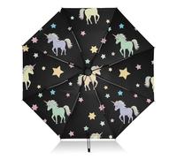 GAIREG Ombrello compatto, leggero e resistente, ombrello automatico da donna, ombrello da viaggio per pioggia, vento e sole, unicorno colorato nero