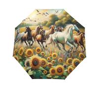 GAIREG Ombrello da viaggio pieghevole compatto e leggero per cavalli che corrono su un campo di girasole