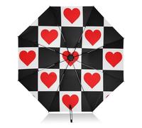 GAIREG Ombrello nero bianco a scacchi rossi a forma di cuore, leggero, portatile, con apertura automatica, per donne, ombrelli da viaggio per pioggia, vento e sole