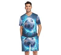 GAIREG Pigiama da uomo a maniche corte blu con palloni da calcio, 2 pezzi, con tasche, scollo a V, abbigliamento da notte estivo con tasche
