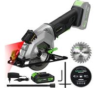 GALAX PRO Sega Circolare,20V 40W Sega Circolare a Batteria,Velocità 3400 giri/min,Angolo di Taglio: 42.8 mm (90°), 28 mm (45°),Manopola di Sicurezza, Guida Laser, Lame 115 mm, Adatto per legno,PVC