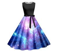 galaxy costume da donna, senza maniche, abito lungo 3D, galassia, spazio, stampa a linee, abito da cocktail anni '90, Carnevale, a maniche corte, girocollo, rockabilly, abito estivo 1