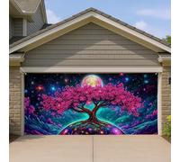 Galaxy Moon Tree grande copertura per porta del garage, motivo pesca cosmica fantasy, decorazione per esterni per feste primaverili ed estive, 390 x 180 cm