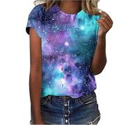 Galaxy Tshirt da donna 3D, galassia, a maniche corte, elegante, universo, in cotone, con cielo stellato, girocollo, per costumi di carnevale, da donna, Blu 11., L