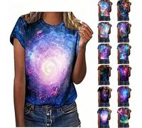 Galaxy Tshirt da donna 3D, galassia, a maniche corte, elegante, universo, in cotone, con cielo stellato, girocollo, per costumi di carnevale, da donna, Blu 1, L
