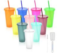 Galerie SV 10 Pezzi Bicchieri in Plastica con Cannuccia e Coperchio, 710ML Riutilizzabili Bicchieri Colorati Acqua Infrangibili Bicchiere per Bambini Adulti Tazza da Viaggio per Feste Campeggio Bianco