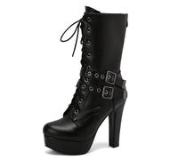 Galindopia Black Platform Stivali Mid Calf per donne Alto Tacco a Blocco Rivetti Studs Gotico Punk Cordoncino Knight Biker Half Botines de Mujer Size 41