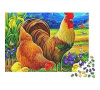 Galletto puzzle da 1000 pezzi per adulti, gallo gallina e pulcini vicino a ciotola del cibo in giardino, duro, spesso resistente alta qualità vibrante stimolante antistress, 70x50cm/1000pz