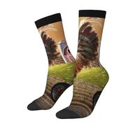 Gallo appollaiato su un palo della recinzione di una fattoria mentre il sole sorge dietro di lui u200bunisex Novelty Crew Socks, Stretch Comfort Fitu200b