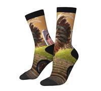 Gallo appollaiato su un palo della recinzione di una fattoria mentre il sole sorge dietro di lui u200bunisex Novelty Crew Socks, Stretch Comfort Fitu200b