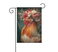 Gallo che indossa il cofano con fiori bandiera da giardino 30 x 45 cm verticale su entrambi i lati per fattoria vacanze decorazioni esterne bandiera cortile