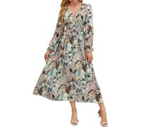 Galocmo Abito da donna 2024 floreale maxi autunnale, scollo a V, maniche lunghe, abito da sposa a punto smock in vita impero, Verde, L
