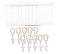 GALPADA 10sets Rosari da Dito in Legno con Ciondolo Crocifisso Bianco e Sacchetti Rete Rosari per Battesimo e Altre Cerimonie Religiose