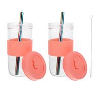 GALPADA Bicchiere di Vetro con Cannuccia e Coperchio in Silicone, Design Multifunzionale Facile da Trasportare, 2 Pezzi per Viaggio e Ufficio Colore Rosa