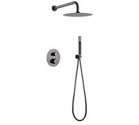 GALYON IMEX Sistema doccia Termostatico Serie Monza - Spruzzatore in acciaio extra piatto da 25 cm, rubinetteria in ottone con cartuccia termostatica e sistema di autopulizia TURN CLEAN (Black Gun