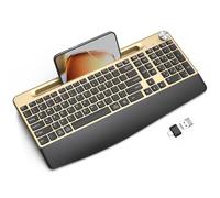 GAMCATZ Tastiera e mouse wireless ergonomici con poggiapolsi, supporto per telefono, 2,4 GHz, mouse e tastiera silenziosa a basso profilo, per computer, laptop, PC, Mac, oro nero