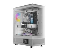 GAMDIAS ATLAS E1 WH Gaming ATX Mid Tower Computer PC Case, Monitor personalizzato w/software, 3 x 120 mm ARGB Fan (2 retro), display panoramico in vetro temperato, camera perforata di ventilazione del