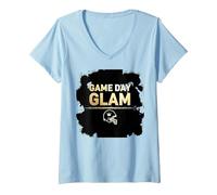 Game Day Glam Royalty Fan di Calcio Maglietta con Collo a V, Donna, Celeste, XL