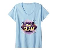 Game Day Glam - Scarpe Sportive da Donna Maglietta con Collo a V, Donna, Celeste, XL