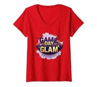 Game Day Glam - Scarpe Sportive da Donna Maglietta con Collo a V, Donna, Rosso, XL
