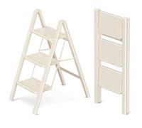GameGem Scala a 3 gradini, sgabello pieghevole con pedale antiscivolo | Robusto acciaio al carbonio, piedini antiscivolo, scala portatile per cucina domestica, bianco crema