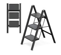GameGem Scala a 3 gradini, sgabello pieghevole con pedale antiscivolo | Robusto acciaio al carbonio, piedini antiscivolo, scala portatile per cucina domestica, nero