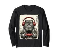 Gamer Capybara Indossare Rosso Cuffie Giapponese Nerd Giappone Maglia a Manica
